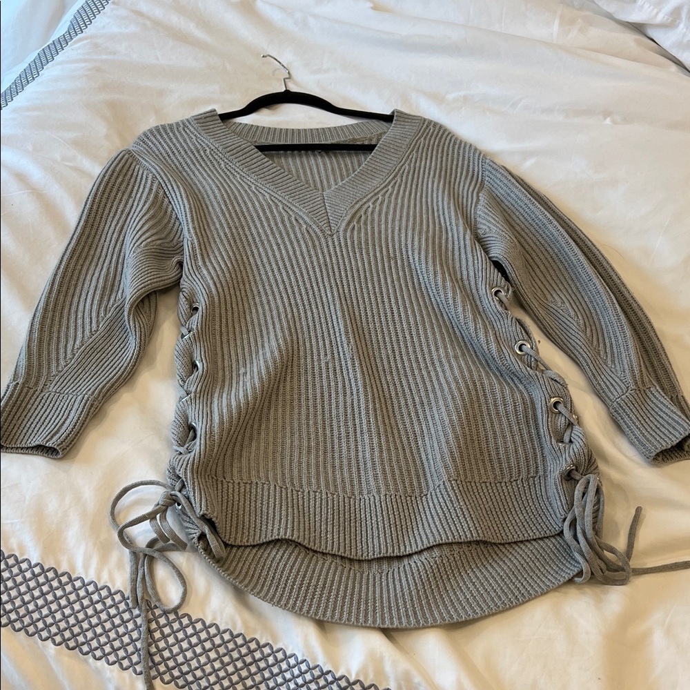 rag & bone Gray V-Neck Sweater with Lace-Up Sides